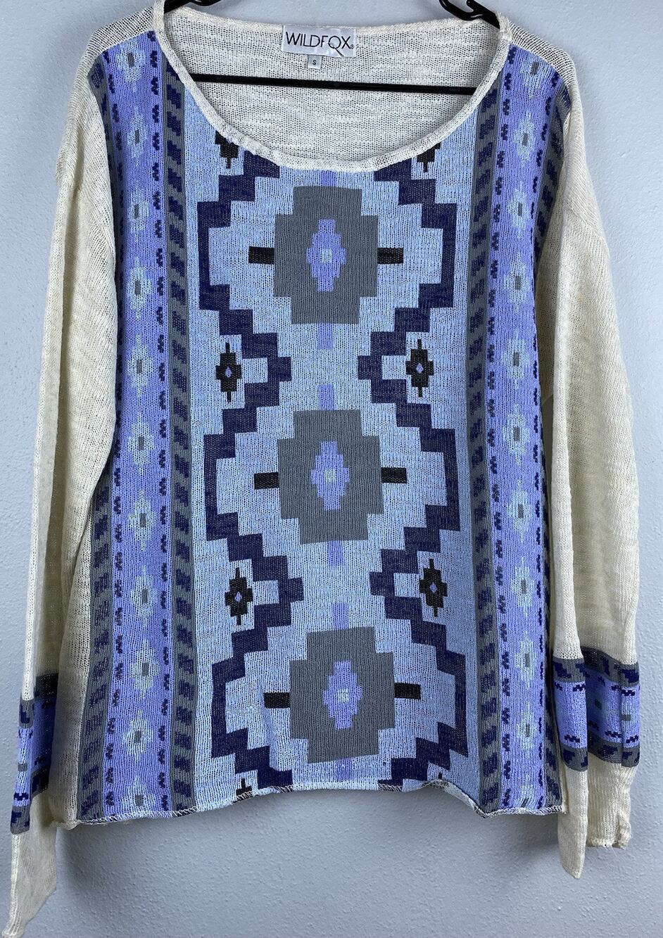 Wildfox Sz S Aztec Geometric Blue Coated Front LS Oversized Sweater USA
